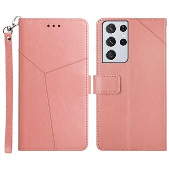 Y-Shaped Line Imprinting Solid Color Scratch-Resistant Wallet Stand Design PU Leather Phone Cover for Samsung Galaxy S21 Ultra 5G