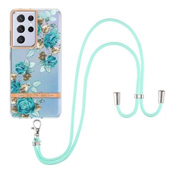 For Samsung Galaxy S21 Ultra 5G YB IMD-9 Series Flower Pattern Electroplating Flexible TPU Cover IMD IML Lanyard Phone Case