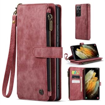 CASEME C30 Series PU Leather Phone Wallet Cover for Samsung Galaxy S21 Ultra 5G, Zipper Pocket Phone Case Stand Protective Shell with Multiple Card Slots