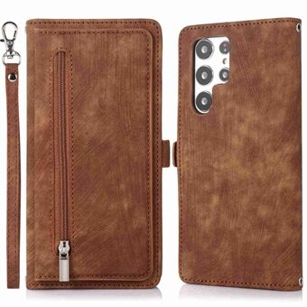 For Samsung Galaxy S21 Ultra 5G Zipper Wallet Case PU Leather Stand Multi-Functional 9 Card Slots Magnetic Cover with Strap