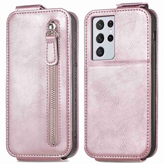 For Samsung Galaxy S21 Ultra 5G Vertical Flip Down Cover PU Leather Stand Magnetic Closure Wallet Zipper Pocket Case