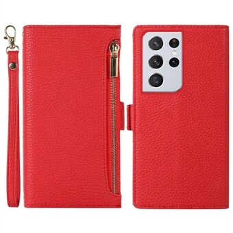 For Samsung Galaxy S21 Ultra 5G Litchi Texture Phone Case with Zipper Pocket, PU Leather+TPU Flip Cover Wallet with Strap