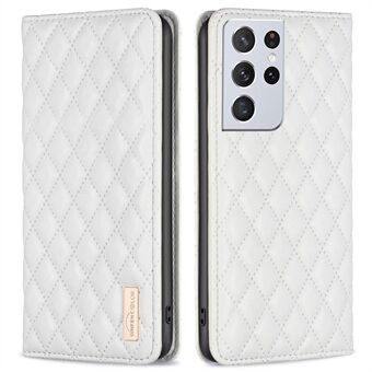 BINFEN COLOR BF Style-16 For Samsung Galaxy S21 Ultra 5G Magnetic Auto-absorbed PU Leather Card Holder Full Body Coverage Case Rhombus Imprinted Stand Cover