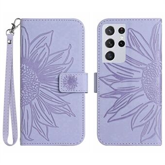 For Samsung Galaxy S21 Ultra 5G HT04 Imprinted Sunflower Skin-Touch Phone Case PU Leather Stand Anti-scratch Wallet Cover with Strap