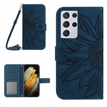 Skin-friendly Phone Case For Samsung Galaxy S21 Ultra 5G, HT04 Imprinted Sunflower PU Leather Flip Wallet Stand Cover with Shoulder Strap