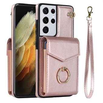 For Samsung Galaxy S21 Ultra 5G PU Leather+TPU Ring Kickstand Phone Case Accordion Style Card Bag RFID Blocking Protective Cover with Strap