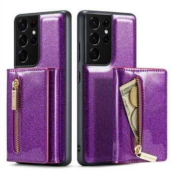 DG.MING M3 Series For Samsung Galaxy S21 Ultra 5G Glitter Sparkly Magnetic Detachable Zipper Pocket Cover Kickstand PU Leather Coated PC+TPU Protective Phone Case