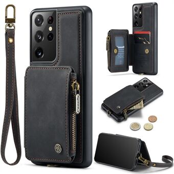 CASEME C20 Series for Samsung Galaxy S21 Ultra 5G RFID Blocking Wallet Kickstand Zipper Pocket Phone Case Anti-drop Leather Coated TPU Cover with Strap