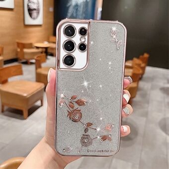 TPU Smartphone Case For Samsung Galaxy S21 Ultra 5G, Electroplating Rhinestone Design Flower Pattern Decor Anti-fall Glitter Phone Cover