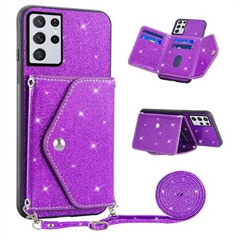 For Samsung Galaxy S21 Ultra 5G Leather Coated TPU Cover, Kickstand Card Holder Glitter Phone Case with Shoulder Strap