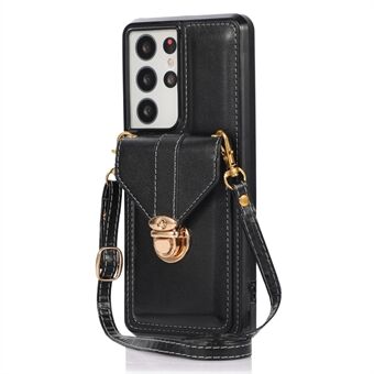 For Samsung Galaxy S21 Ultra 5G Card Holder Kickstand PU Leather+TPU Phone Cover with Shoulder Strap