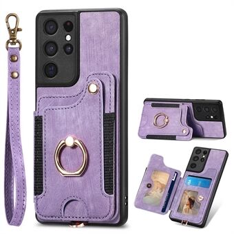 For Samsung Galaxy S21 Ultra 5G RFID Blocking Card Holder Phone Cover PU Leather Coated PC+TPU Kickstand Case