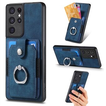 For Samsung Galaxy S21 Ultra 5G PU Leather+PC+TPU Cover Card Holder Phone Case with Ring Kickstand