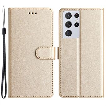 Impact Resistant Case for Samsung Galaxy S21 Ultra 5G Silk Texture Leather Wallet Stand Shell with Hand Strap