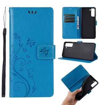 Leather Wallet Phone Case + Wrist Strap with Butterfly Flower Imprinting for Samsung Galaxy S21 Plus 5G