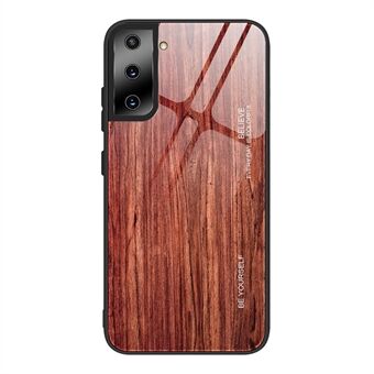 TPU Frame Wooden Texture Pattern Printing Tempered Glass Phone Cover Case for Samsung Galaxy S21 Plus 5G