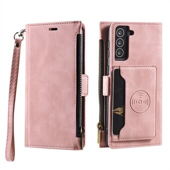 Well-protected Leather Case Kickstand Cover with Zipper Wallet and Lanyard for Samsung Galaxy S21+ 5G