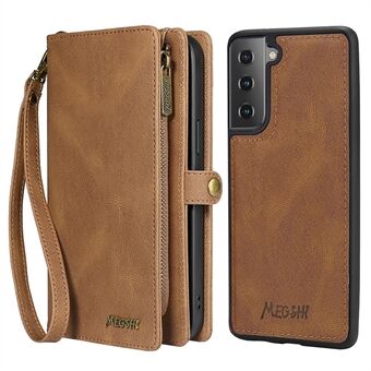 MEGSHI 017 Series Wallet Case for Samsung Galaxy S21+ 5G, 2-in-1 Leather Zipper Detachable Magnetic Card Slots Holder Flip Cover with Strap