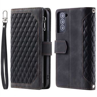 005 Style for Samsung Galaxy S21+ 5G Zipper Pocket Rhombus Texture PU Leather Case Phone Stand Wallet Cover with Wrist Strap