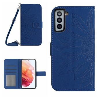 For Samsung Galaxy S21+ 5G HT04 Imprinted Sunflower Phone Case with Shoulder Strap, PU Leather Skin-touch Wallet Stand Cover