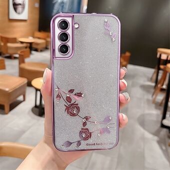 Shockproof Glitter Phone Case For Samsung Galaxy S21+ 5G, Electroplating Rhinestone Design Flower Pattern Decor TPU Bumper Cover