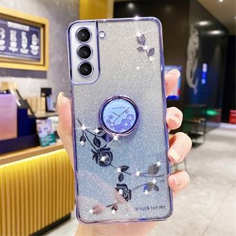 Ring Kickstand Anti-fall Phone Cover For Samsung Galaxy S21+ 5G, Gradient Glitter Flower Pattern Rhinestone Decor Soft TPU Phone Case