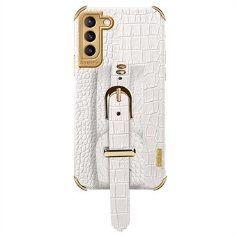 For Samsung Galaxy S21+ 5G Anti-drop Crocodile Texture Phone Cover 6D Electroplated Leather Coated TPU Case with Hand Strap