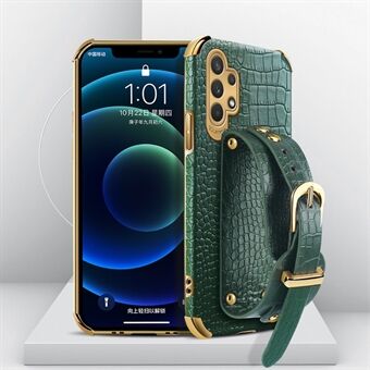 Wrist Strap Design 6D Electroplated Crocodile Texture PU Leather Coated TPU Phone Back Case Cover for Samsung Galaxy A32 5G