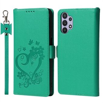 Heart Imprint Wallet Stand Leather Phone Case with Wrist Strap for Samsung Galaxy A32 5G