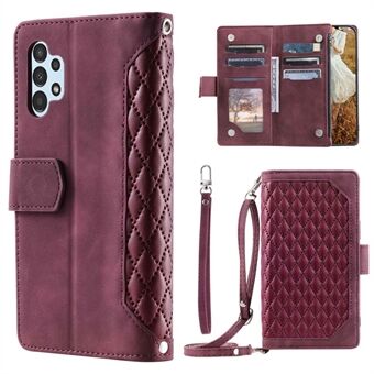 For Samsung Galaxy A32 5G / M32 5G 005 Style Zipper Pocket Rhombus Texture Leather Wallet Stand Shockproof Phone Case with Shoulder Strap and Hand Strap