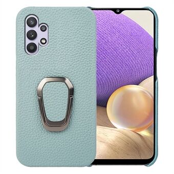 For Samsung Galaxy A32 5G Litchi Texture Genuine Leather Back + Hard PC Shockproof Phone Case Ring Kickstand Anti-Fall Protective Cover