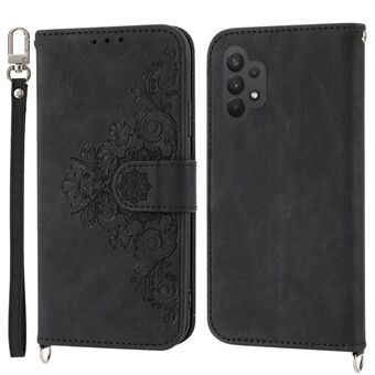 For Samsung Galaxy A32 5G / M32 5G Imprinted Flowers Anti-fall Phone Case Skin-Touch PU Leather Wallet Stand Multiple Card Slots Smartphone Cover with Two Straps