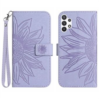 For Samsung Galaxy A32 / M32 5G HT04 PU Leather Shockproof Case Imprinted Sunflower Skin-Touch Phone Stand Wallet Cover with Hand Strap