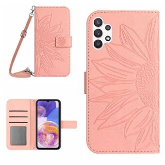 For Samsung Galaxy A32 5G / M32 5G HT04 Skin-touch Imprinted Sunflower Phone Cover PU Leather Shockproof Stand Wallet Case with Shoulder Strap