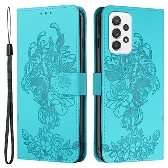 Imprint Tiger Head Flower Shockproof Leather Stand Case Wallet Cover with Strap for Samsung Galaxy A52 4G/5G / A52s 5G