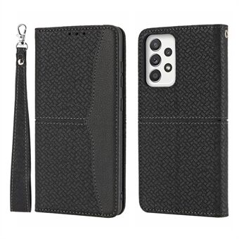 Woven Texture Splicing Auto-Absorbed Stylish Wallet Stand Leather Case with Wrist Strap for Samsung Galaxy A52 5G/4G/A52s 5G