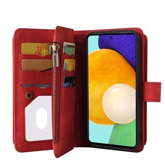 KT Multi-functional Series-2 Multiple Card Slots Hands-free Stand Mobile Phone Flip Cover for Samsung Galaxy A52s 5G/A52 4G/5G, Skin-touch Feel Leather Case with Zipper Pocket - Red