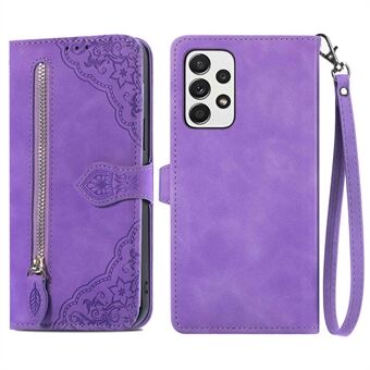 For Samsung Galaxy A52 4G/5G/A52s 5G Zipper Pocket Design Imprinted Leather Phone Case Shockproof Stand Wallet Flip Shell with Strap