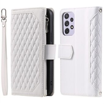 005 Phone Covering Shell for Samsung Galaxy A52s 5G  /  A52 5G / 4G, Rhombus Grid Textured PU Leather Phone Case Zipper Pocket Stand Wallet with Strap