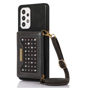 For Samsung Galaxy A52s 5G / A52 4G / 5G RFID Blocking Tri-fold Wallet Kickstand PU Leather Coated TPU Cover Rhinestone Decor Anti-drop Case with Shoulder Strap