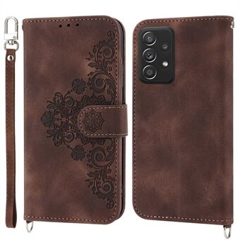 For Samsung Galaxy A52 4G / A52 5G / A52s 5G Imprinted Flowers PU Leather Flip Case Stand Multiple Card Slots Skin-touch Cover with Wrist Strap and Shoulder Strap