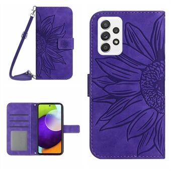 Anti-fall Phone Cover For Samsung Galaxy A52 5G / A52 4G / A52s 5G HT04 Skin-touch PU Leather Imprinted Sunflower Stand Wallet Case with Shoulder Strap