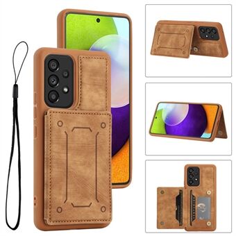 For Samsung Galaxy A52 4G / 5G / A52s 5G Dual Card Holder Magnetic Phone Case PU Leather Coated TPU Kickstand Protective Cover with Strap