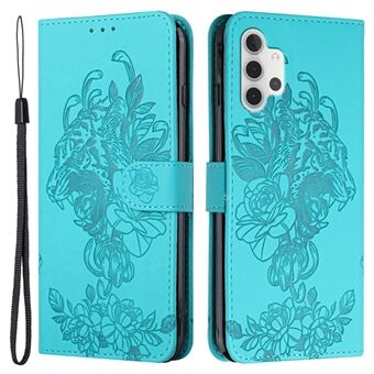 Imprint Tiger Head Flower Leather Wallet Stand Phone Case for Samsung Galaxy A32 4G (EU Version)