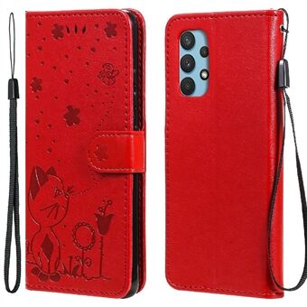 KT Imprinting Flower Series-4 Cat and Bee Pattern Imprinting Leather Case Wallet Stand Flip Shell for Samsung Galaxy A32 4G (EU Version)