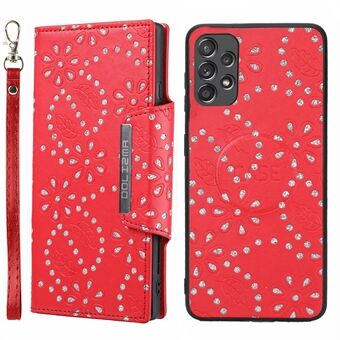 For Samsung Galaxy A32 4G (EU Version) Cell Phone Leather Wallet Shell Glitter Flower Leaf Imprinted Detachable Protective Case