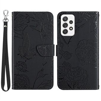 For Samsung Galaxy A32 4G (EU Version) Imprinted Butterfly Flower Magnetic Closure Case Wallet Flip Skin-touch Feeling Stand Cover with Strap