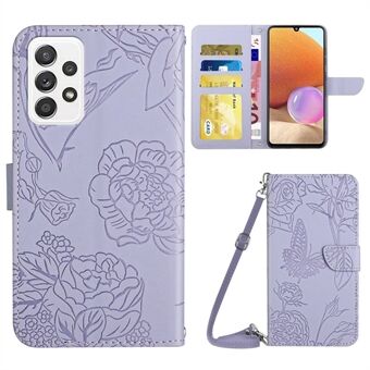 Wallet Stand Case for Samsung Galaxy A32 4G (EU Version), Skin-touch Leather Butterfly Flower Imprinted Phone Cover with Shoulder Strap