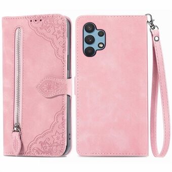 For Samsung Galaxy A32 4G (EU Version) Imprinted Leather Phone Case Zipper Pocket Design Stand Wallet Drop-proof Shell with Strap