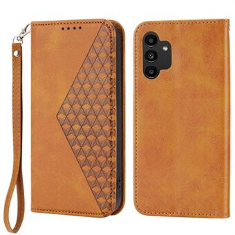 For Samsung Galaxy A32 4G (EU Version) Calf Texture Wallet Stand Anti-drop Phone Case PU Leather Imprinted Rhombus Pattern Smartphone Cover with Strap